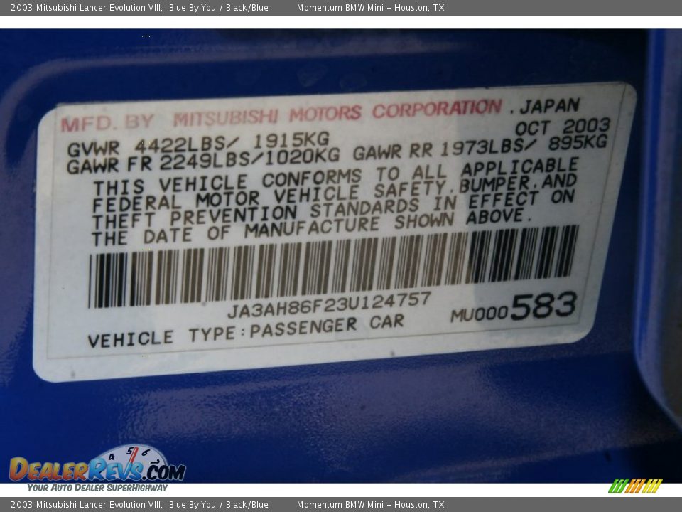 2003 Mitsubishi Lancer Evolution VIII Blue By You / Black/Blue Photo #5