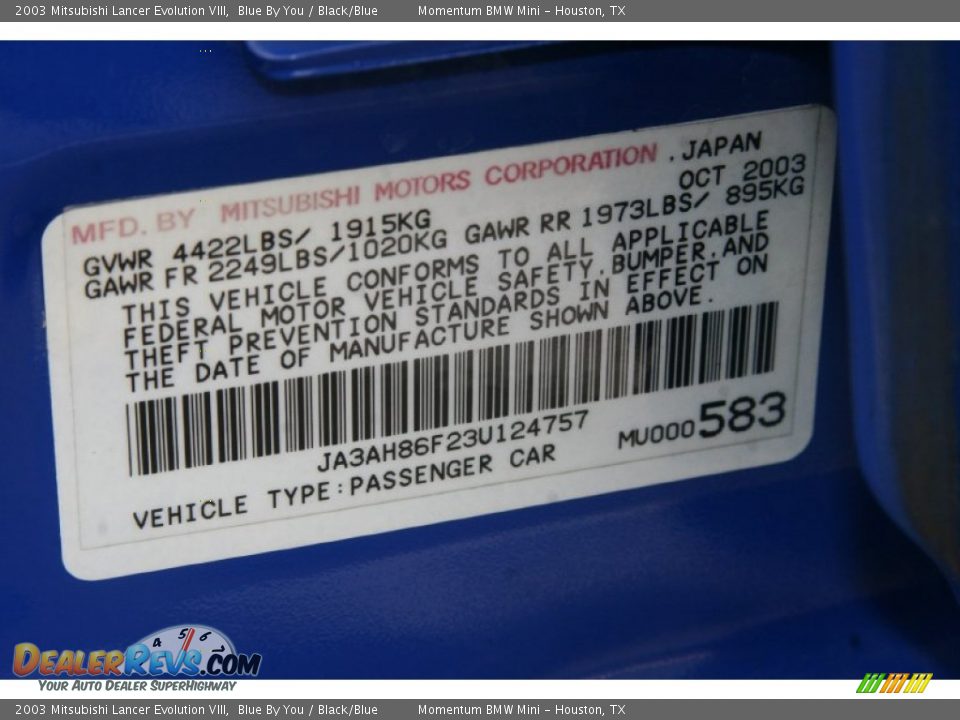 2003 Mitsubishi Lancer Evolution VIII Blue By You / Black/Blue Photo #13