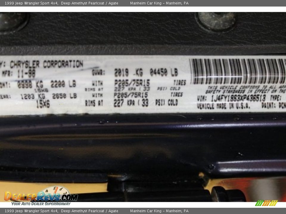 1999 Jeep Wrangler Sport 4x4 Deep Amethyst Pearlcoat / Agate Photo #7