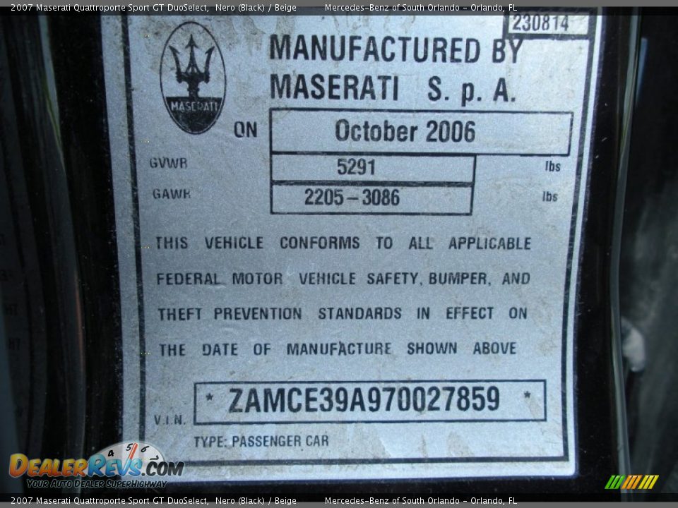 Info Tag of 2007 Maserati Quattroporte Sport GT DuoSelect Photo #36