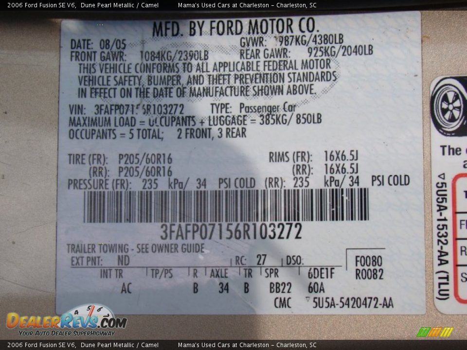2006 Ford Fusion SE V6 Dune Pearl Metallic / Camel Photo #27