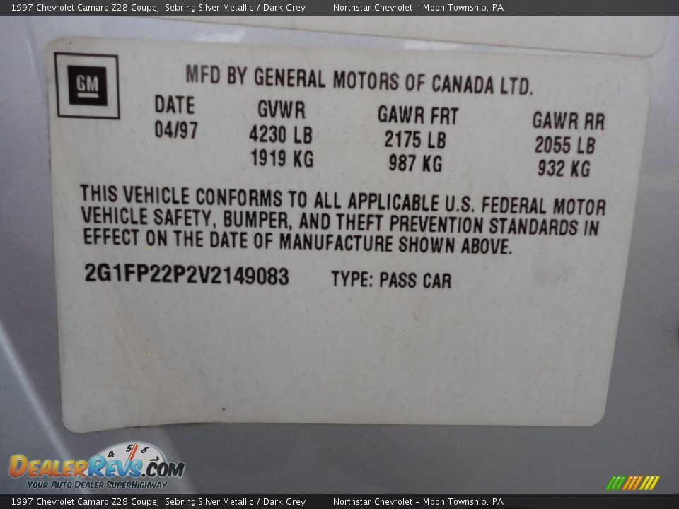 Info Tag of 1997 Chevrolet Camaro Z28 Coupe Photo #20