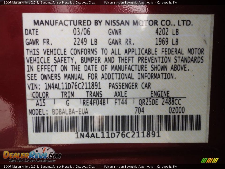 2006 Nissan Altima 2.5 S Sonoma Sunset Metallic / Charcoal/Gray Photo #15