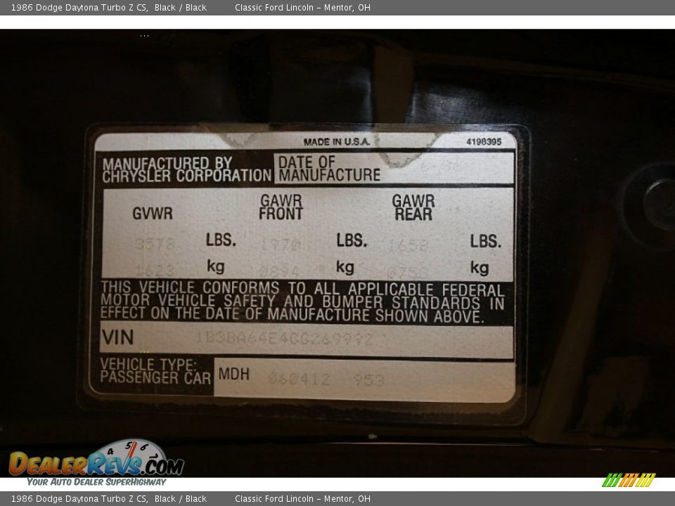 Info Tag of 1986 Dodge Daytona Turbo Z CS Photo #27