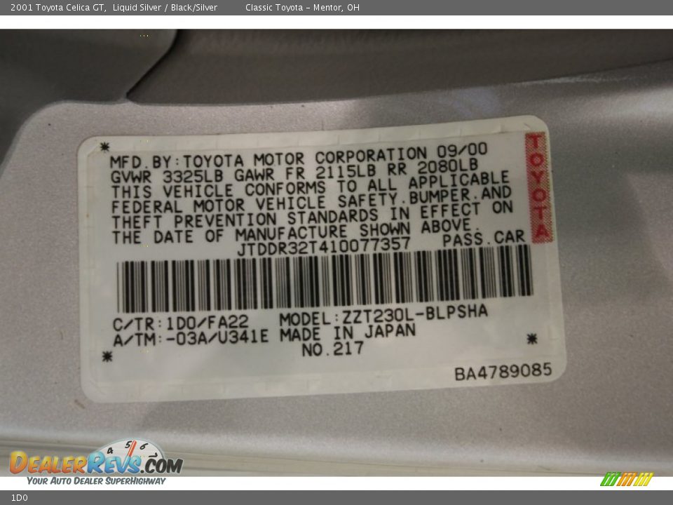 Toyota Color Code 1D0 Liquid Silver