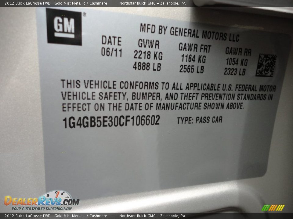Info Tag of 2012 Buick LaCrosse FWD Photo #20