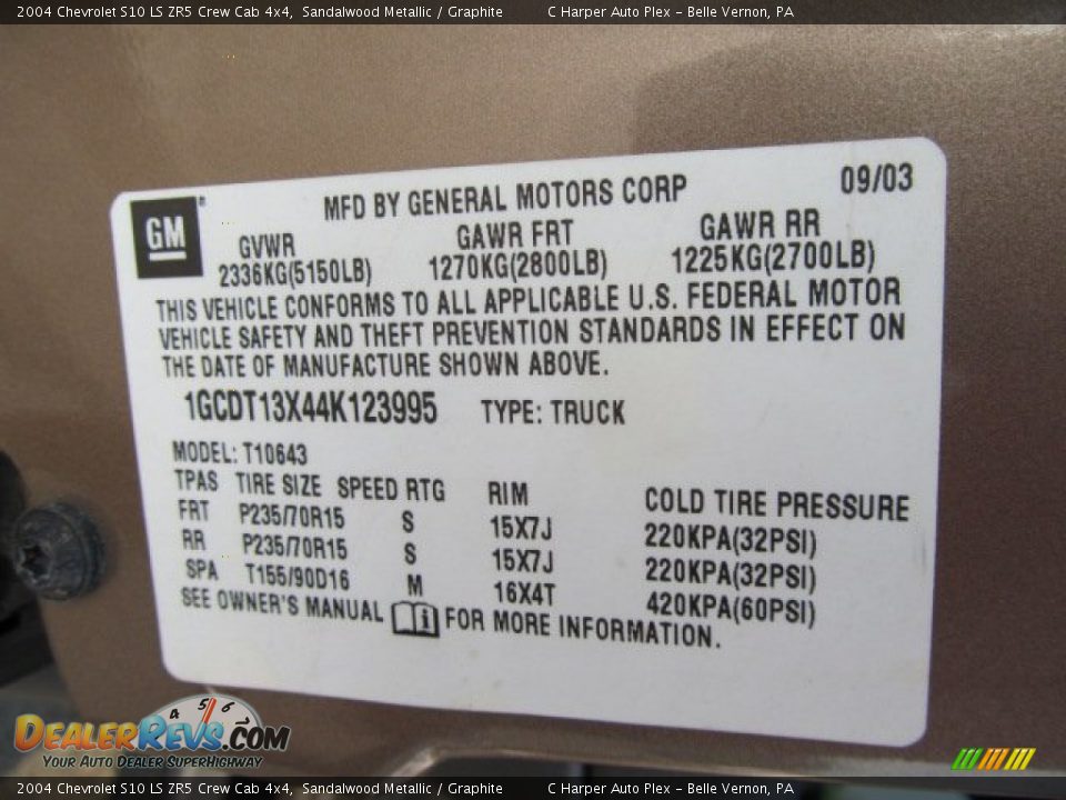 Info Tag of 2004 Chevrolet S10 LS ZR5 Crew Cab 4x4 Photo #24