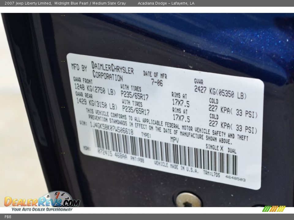 Jeep Color Code PB8 Midnight Blue Pearl