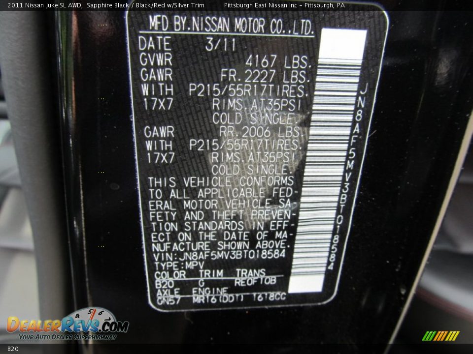 Nissan Color Code B20 Sapphire Black