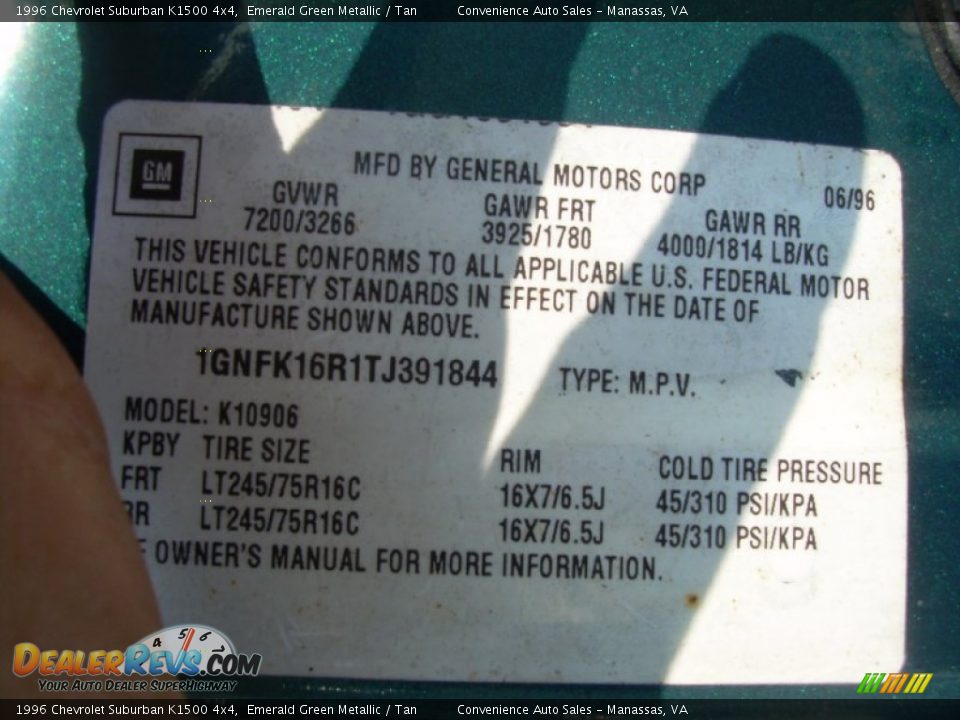Info Tag of 1996 Chevrolet Suburban K1500 4x4 Photo #11