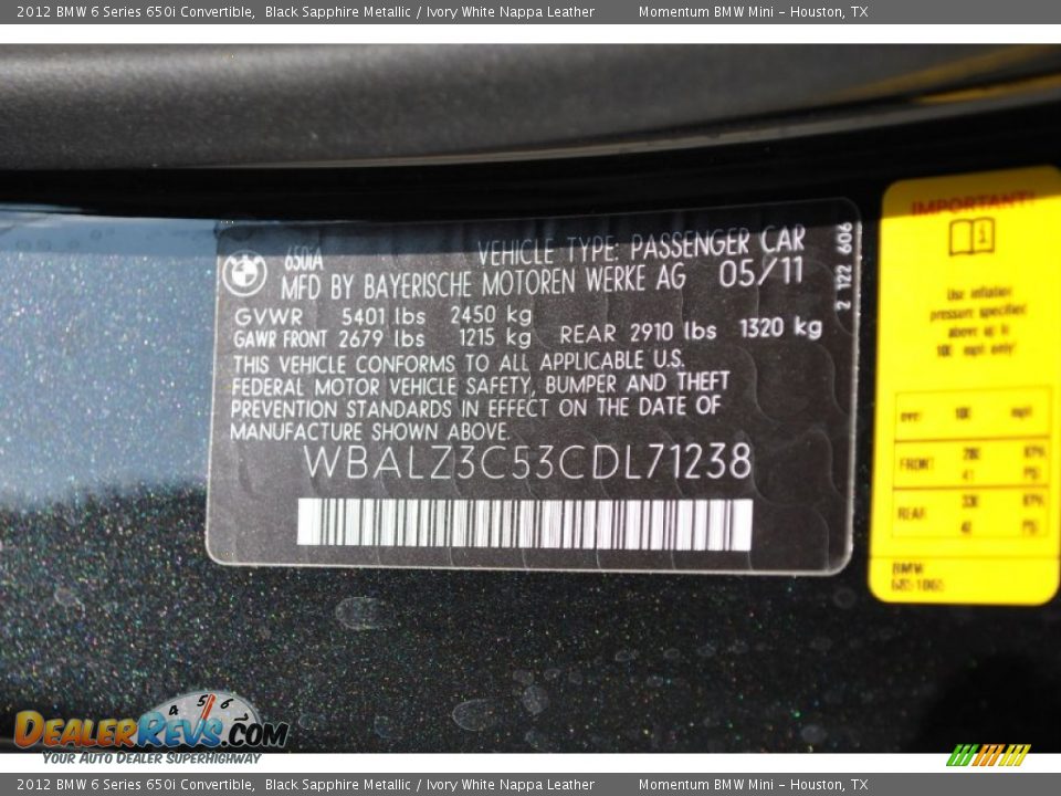 Info Tag of 2012 BMW 6 Series 650i Convertible Photo #5