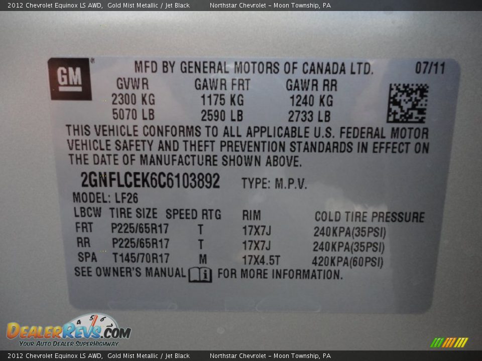 2012 Chevrolet Equinox LS AWD Gold Mist Metallic / Jet Black Photo #20