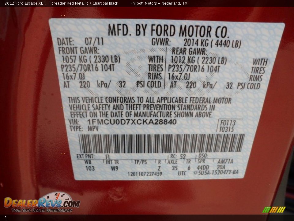 Ford Color Code FL Toreador Red Metallic