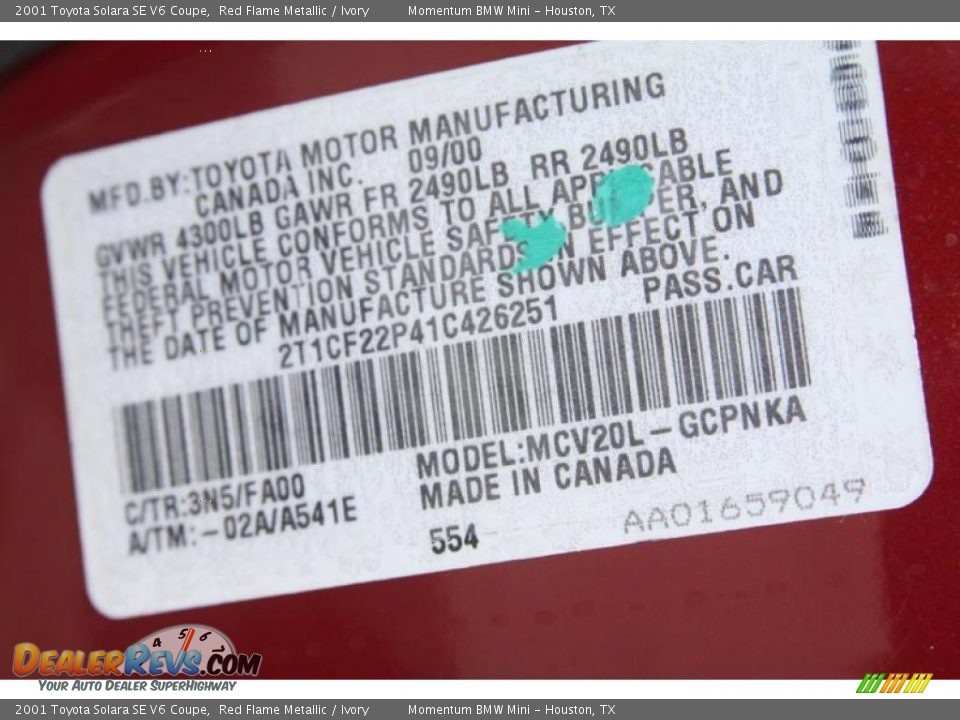 2001 Toyota Solara SE V6 Coupe Red Flame Metallic / Ivory Photo #7