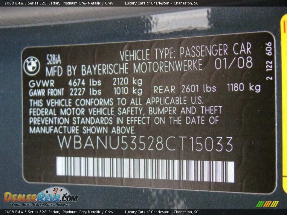 2008 BMW 5 Series 528i Sedan Platinum Grey Metallic / Grey Photo #29