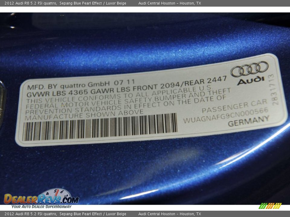 Info Tag of 2012 Audi R8 5.2 FSI quattro Photo #33