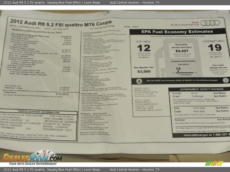 2012 Audi R8 5.2 FSI quattro Window Sticker Photo #34