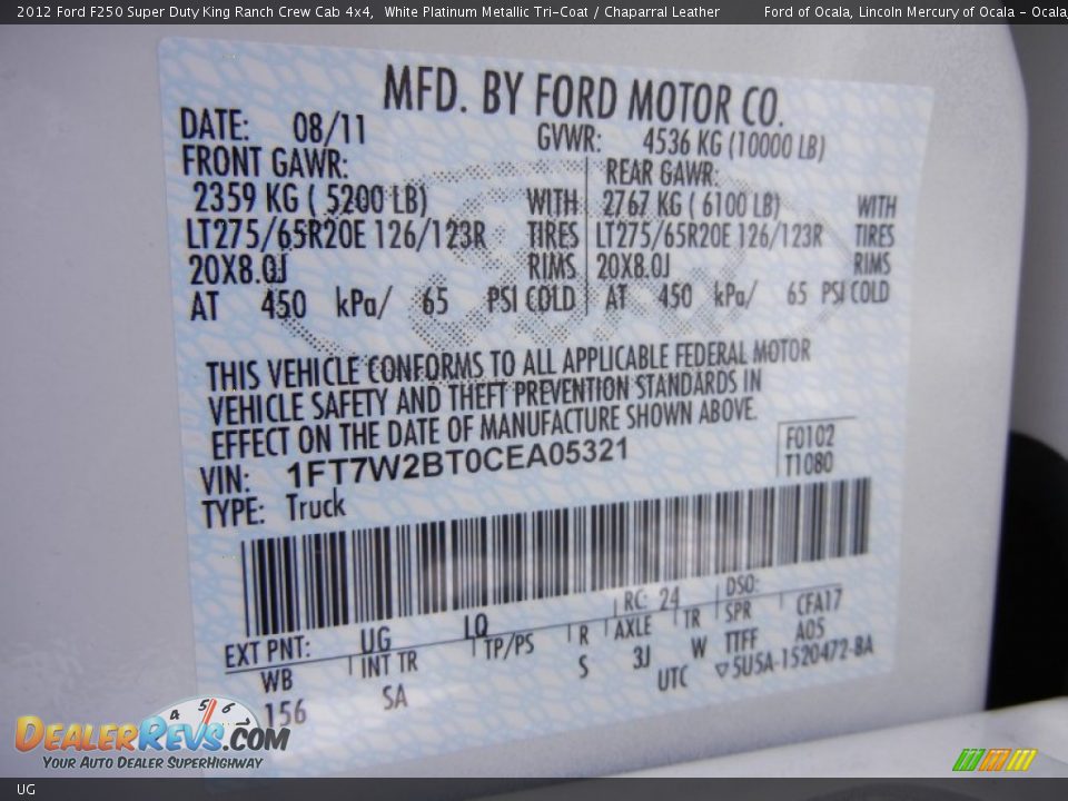 Ford Color Code UG White Platinum Metallic Tri-Coat