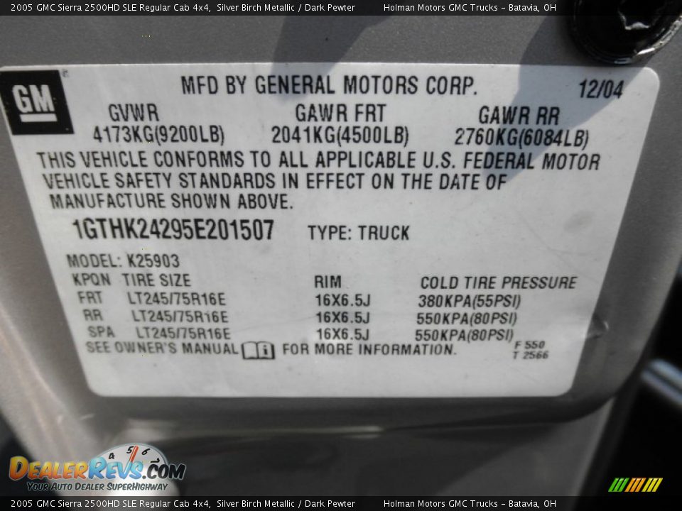 Info Tag of 2005 GMC Sierra 2500HD SLE Regular Cab 4x4 Photo #6