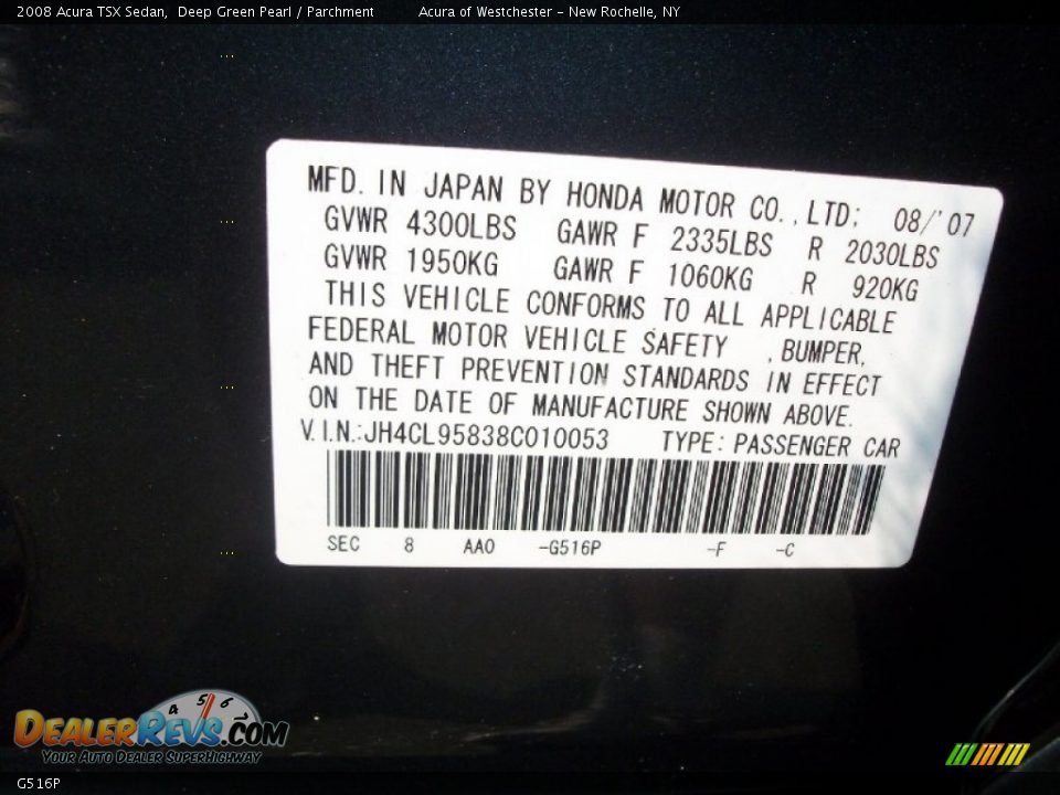 Acura Color Code G516P Deep Green Pearl