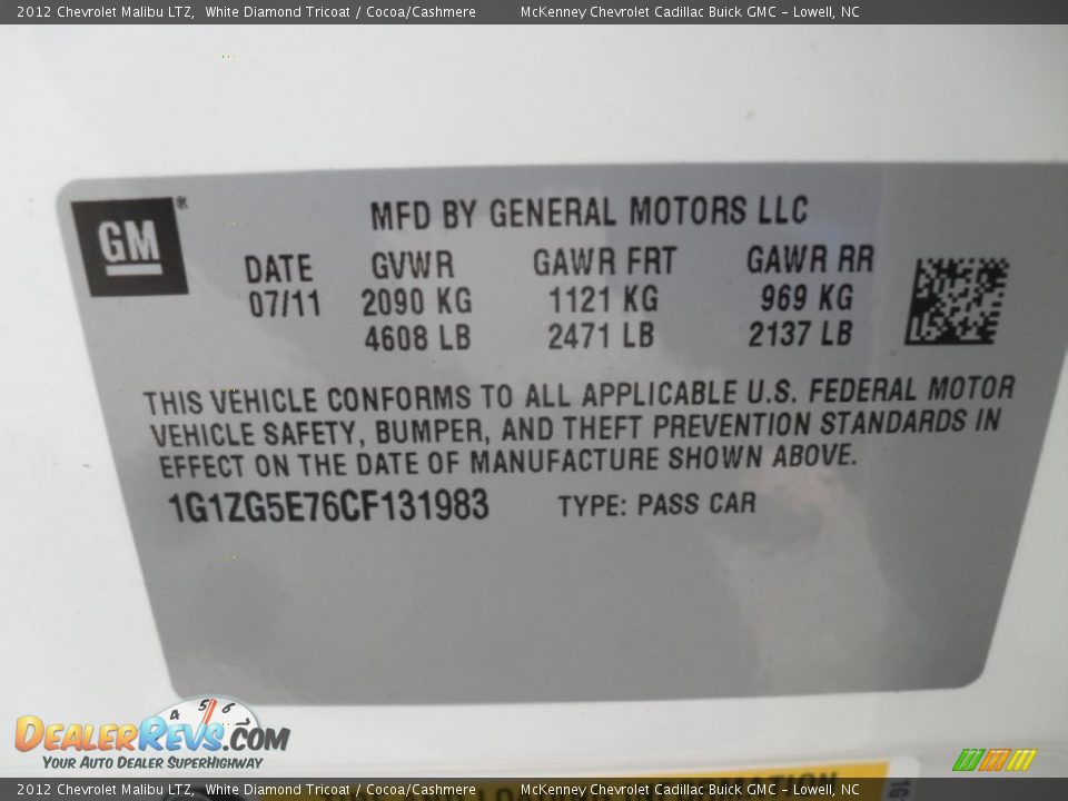 2012 Chevrolet Malibu LTZ White Diamond Tricoat / Cocoa/Cashmere Photo #6