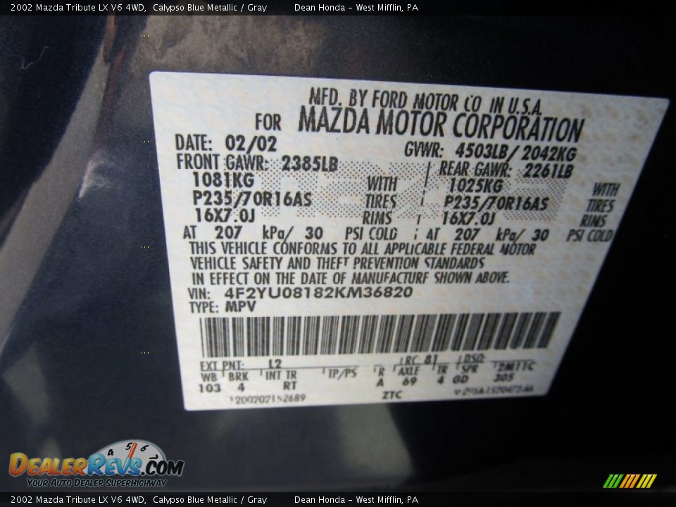 2002 Mazda Tribute LX V6 4WD Calypso Blue Metallic / Gray Photo #19