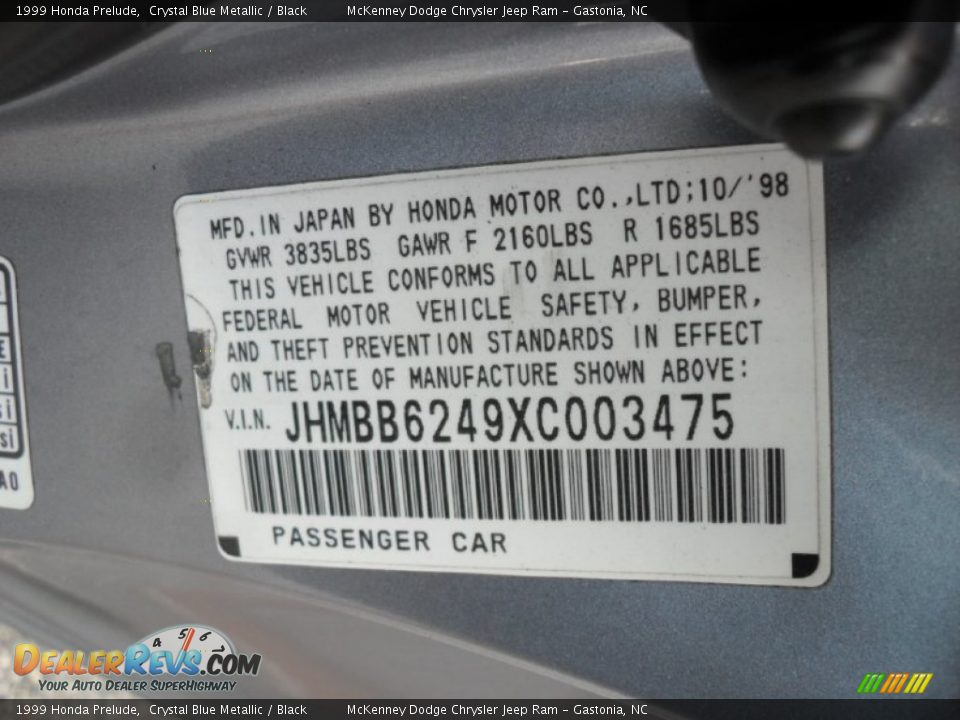 1999 Honda Prelude Crystal Blue Metallic / Black Photo #6