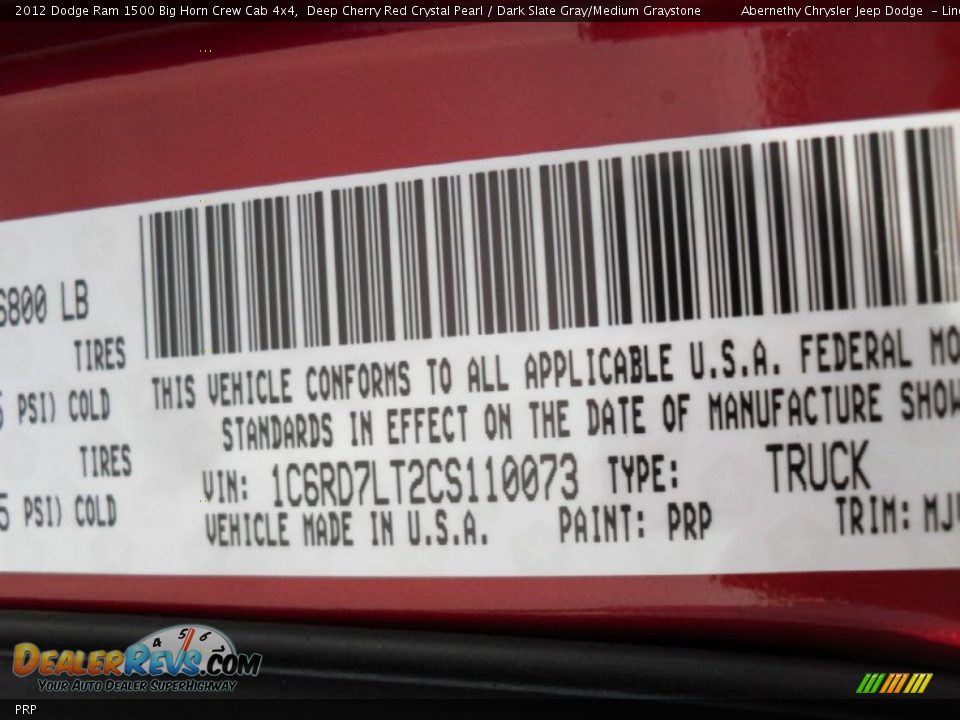 Dodge Color Code PRP Deep Cherry Red Crystal Pearl