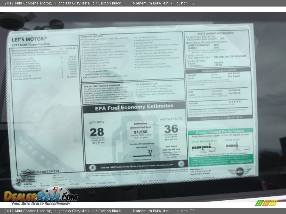 2012 Mini Cooper Hardtop Window Sticker Photo #25