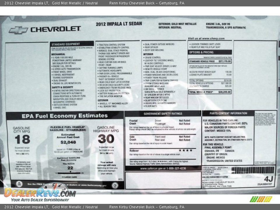 2012 Chevrolet Impala LT Window Sticker Photo #24