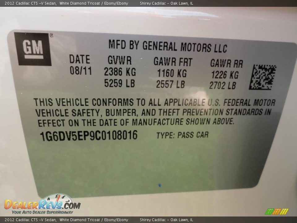 Info Tag of 2012 Cadillac CTS -V Sedan Photo #16