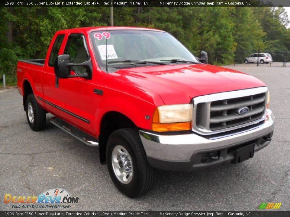 1999 Ford F250 Super Duty Lariat Extended Cab 4x4 Red / Medium Prairie Tan Photo #5