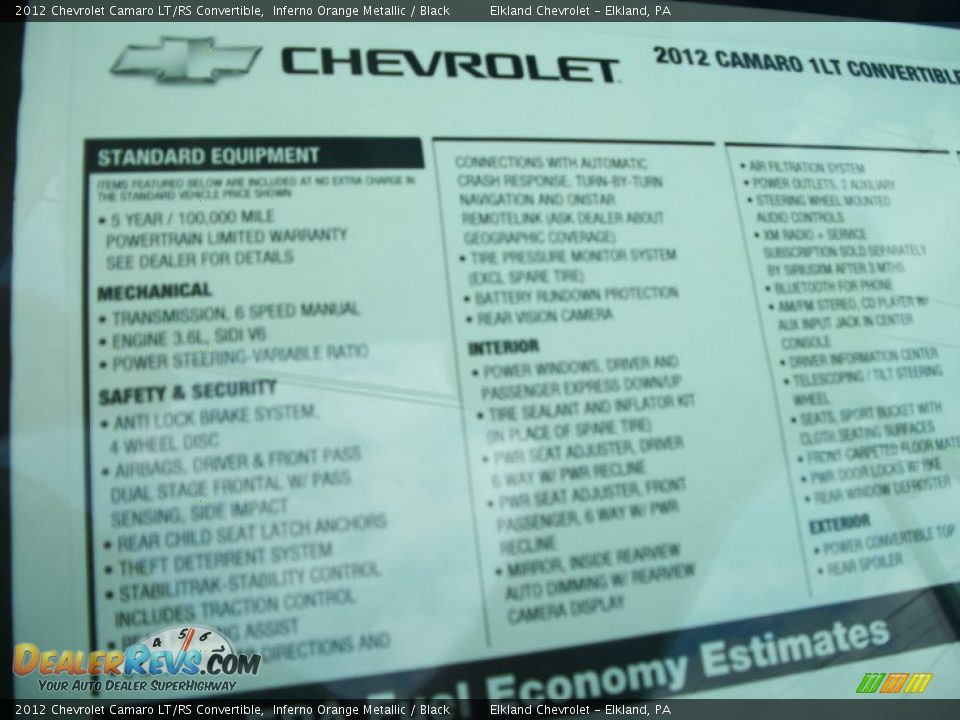 2012 Chevrolet Camaro LT/RS Convertible Window Sticker Photo #25