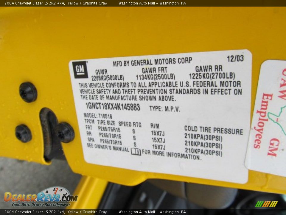 Info Tag of 2004 Chevrolet Blazer LS ZR2 4x4 Photo #19