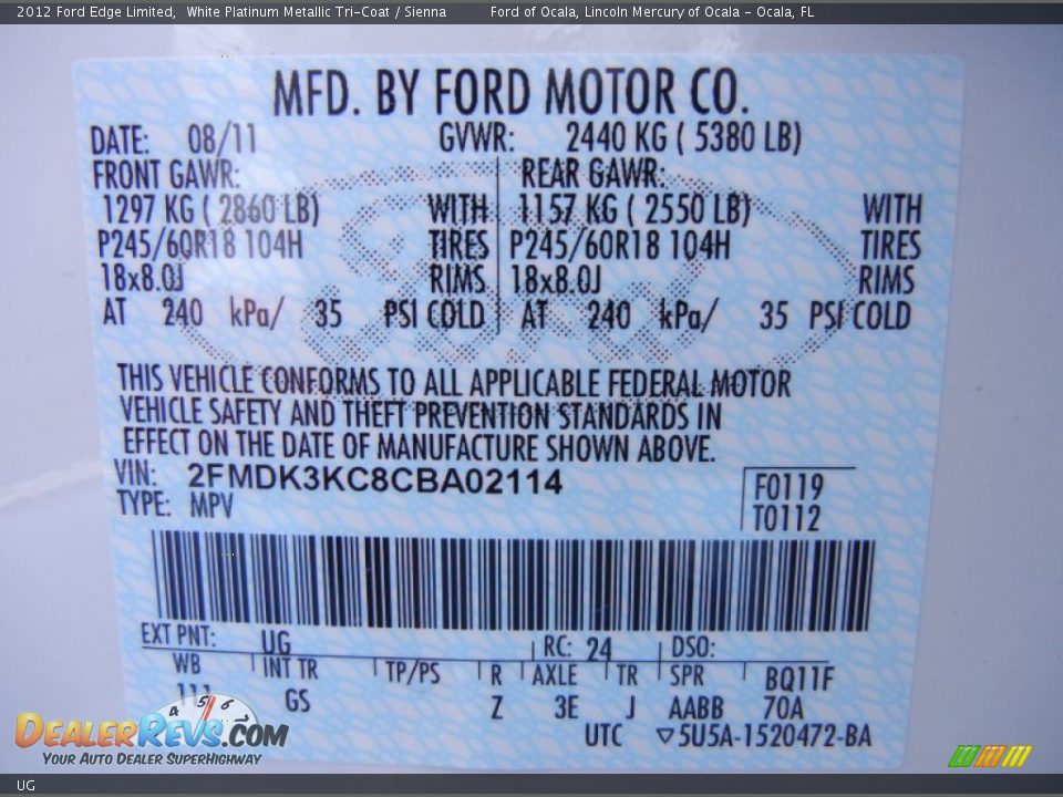 Ford Color Code UG White Platinum Metallic Tri-Coat