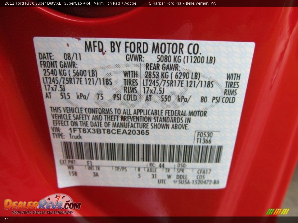 Ford Color Code F1 Vermillion Red