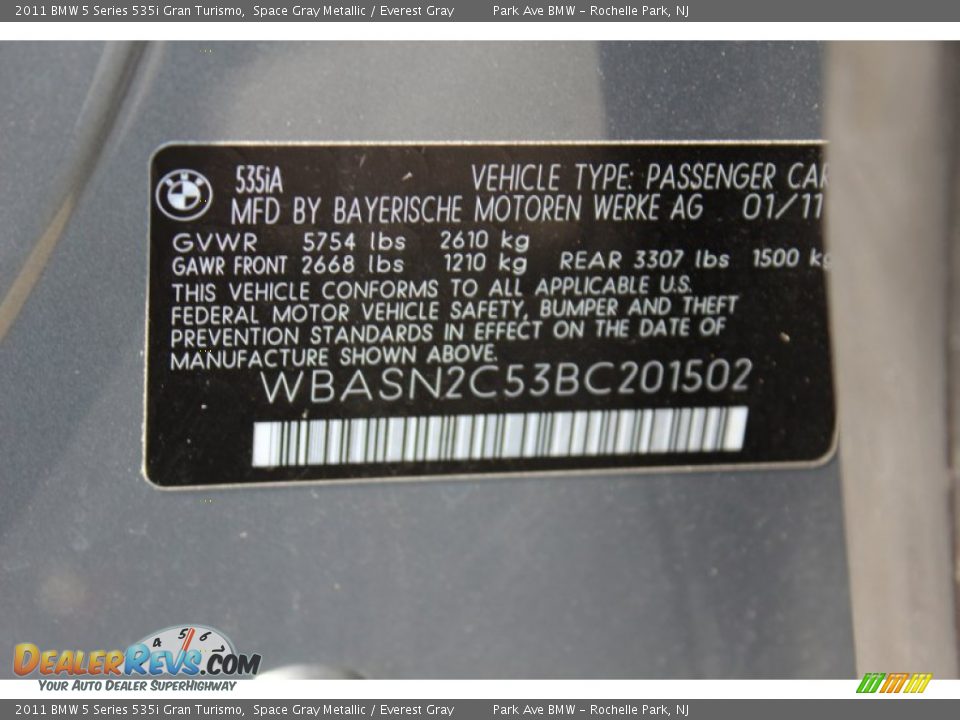 Info Tag of 2011 BMW 5 Series 535i Gran Turismo Photo #33