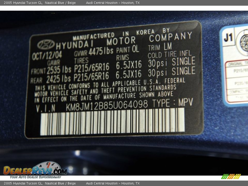 2005 Hyundai Tucson GL Nautical Blue / Beige Photo #34