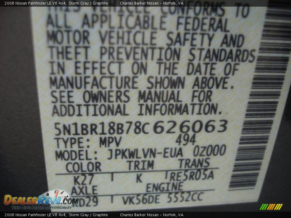 2008 Nissan Pathfinder LE V8 4x4 Storm Gray / Graphite Photo #22