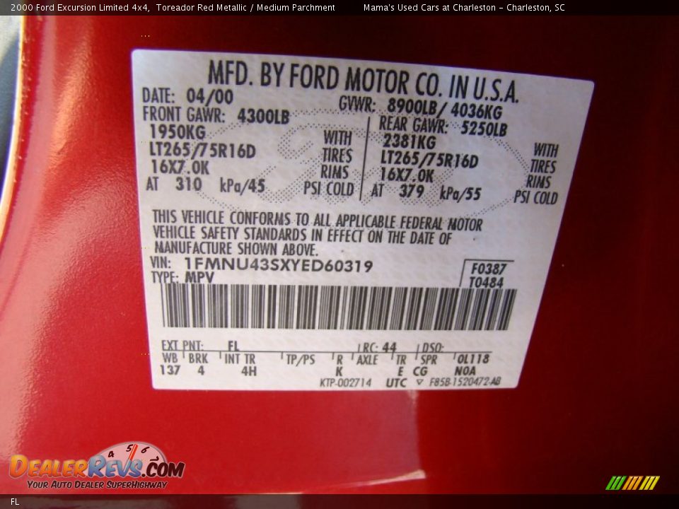 Ford Color Code FL Toreador Red Metallic
