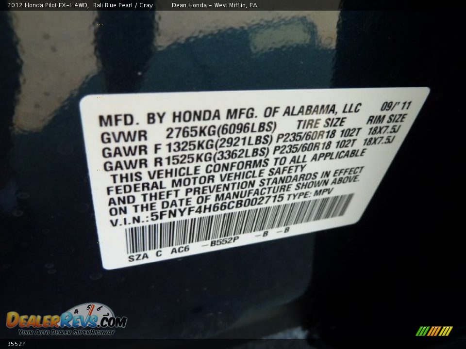 Honda Color Code B552P Bali Blue Pearl