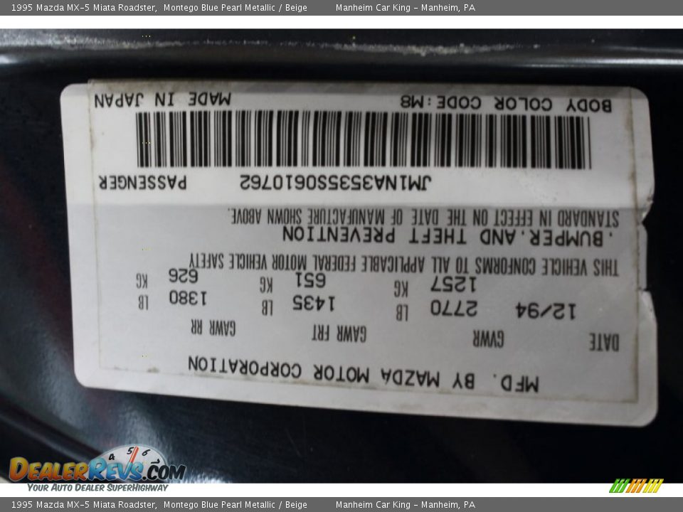 1995 Mazda MX-5 Miata Roadster Montego Blue Pearl Metallic / Beige Photo #8
