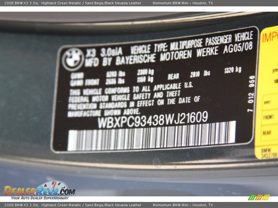 2008 BMW X3 3.0si Highland Green Metallic / Sand Beige/Black Nevada Leather Photo #9