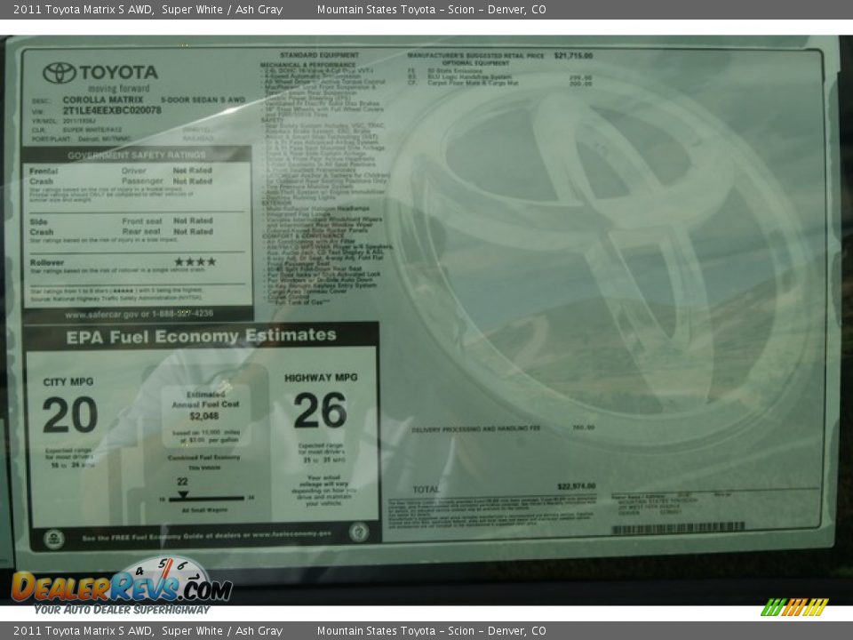 2011 Toyota Matrix S AWD Window Sticker Photo #14