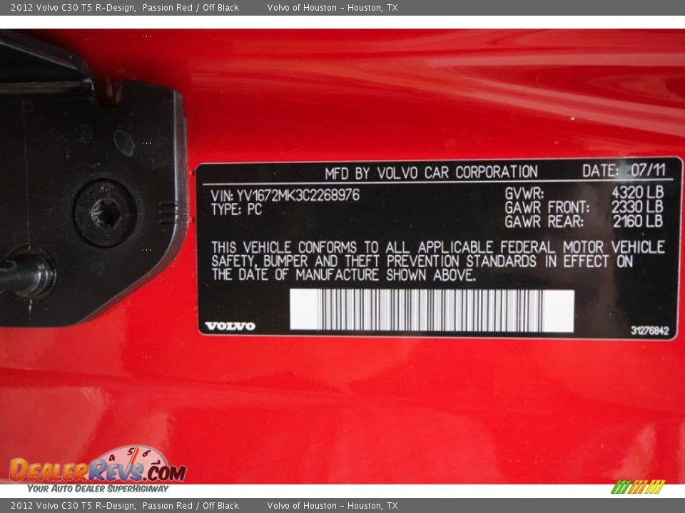 Info Tag of 2012 Volvo C30 T5 R-Design Photo #7