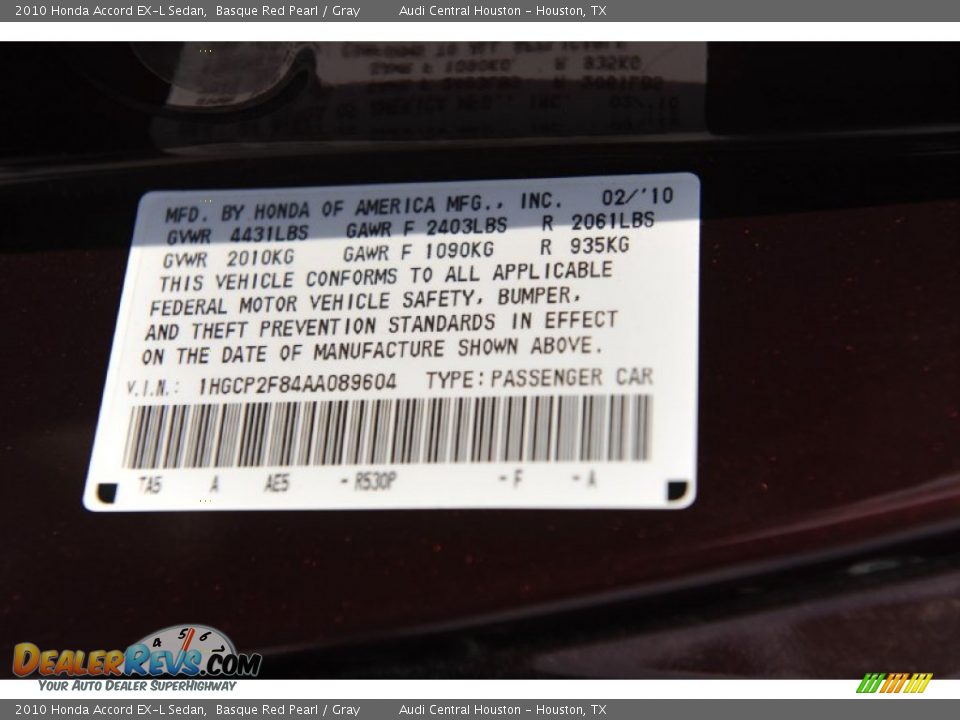 2010 Honda Accord EX-L Sedan Basque Red Pearl / Gray Photo #8