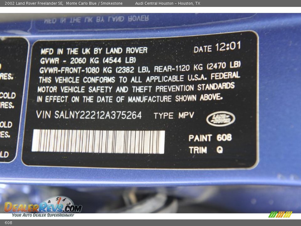 Land Rover Color Code 608 Monte Carlo Blue