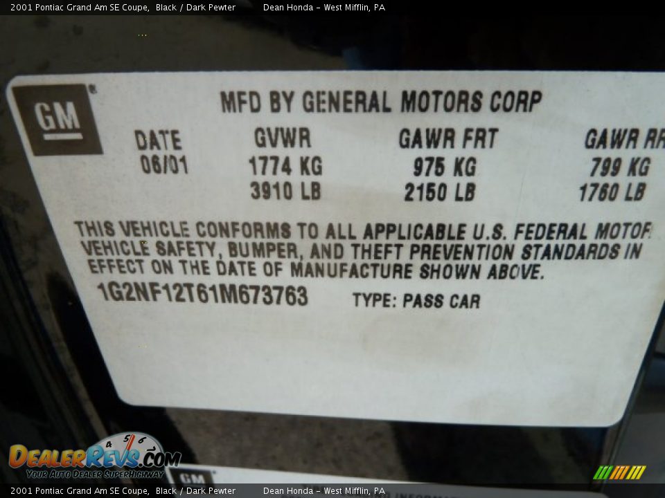 2001 Pontiac Grand Am SE Coupe Black / Dark Pewter Photo #19