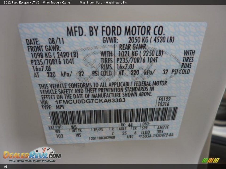 Ford Color Code WS White Suede