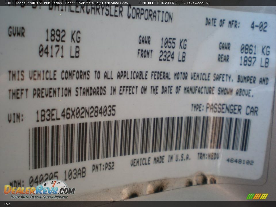 Dodge Color Code PS2 Bright Silver Metallic